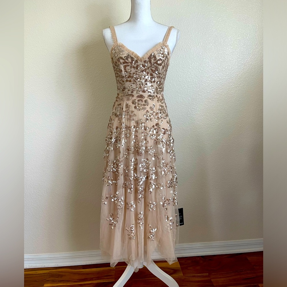 Needle & Thread NEW + Tags gown dress sequins gold rushed BHLDN tulle straps